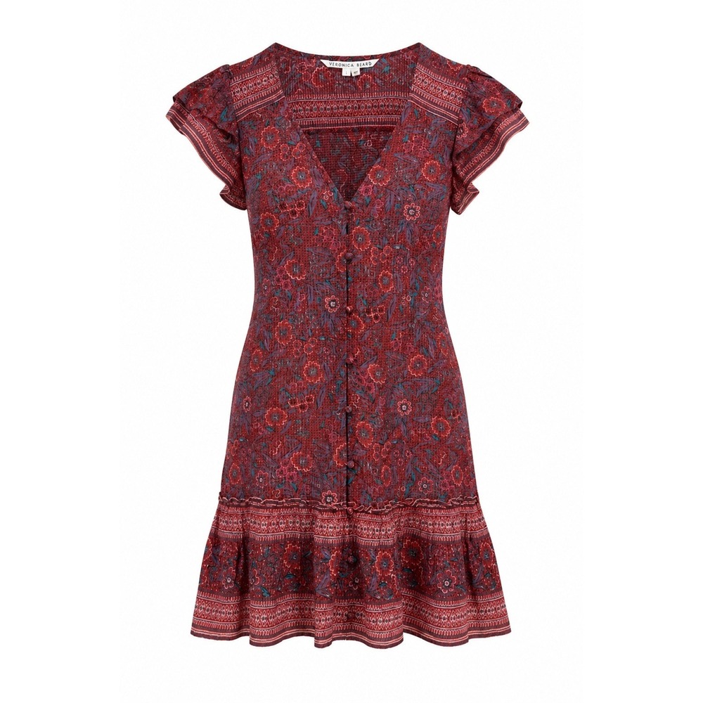 Veronica Beard Printed Mini Dress Geometric Red Floral Sz L Coastal Old Money